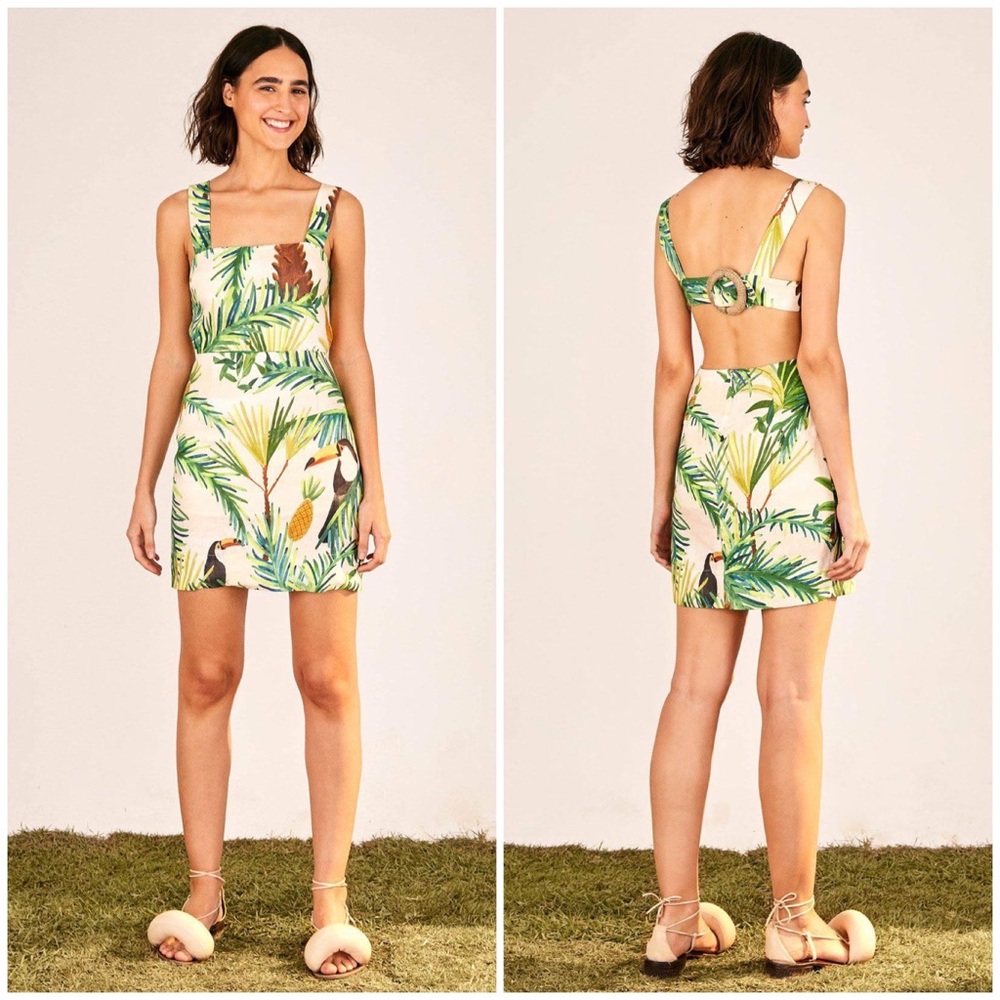 FARM RIO Toucan Paradise Back Belt Linen Mini Dress